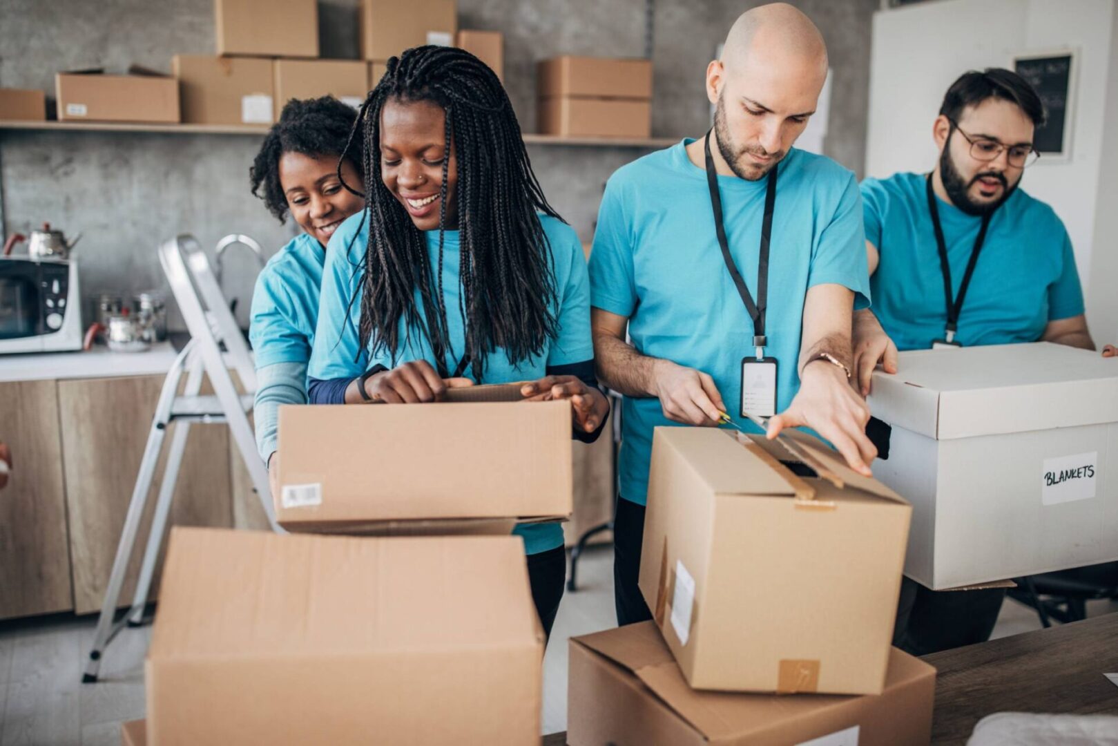 Group preparing packages together