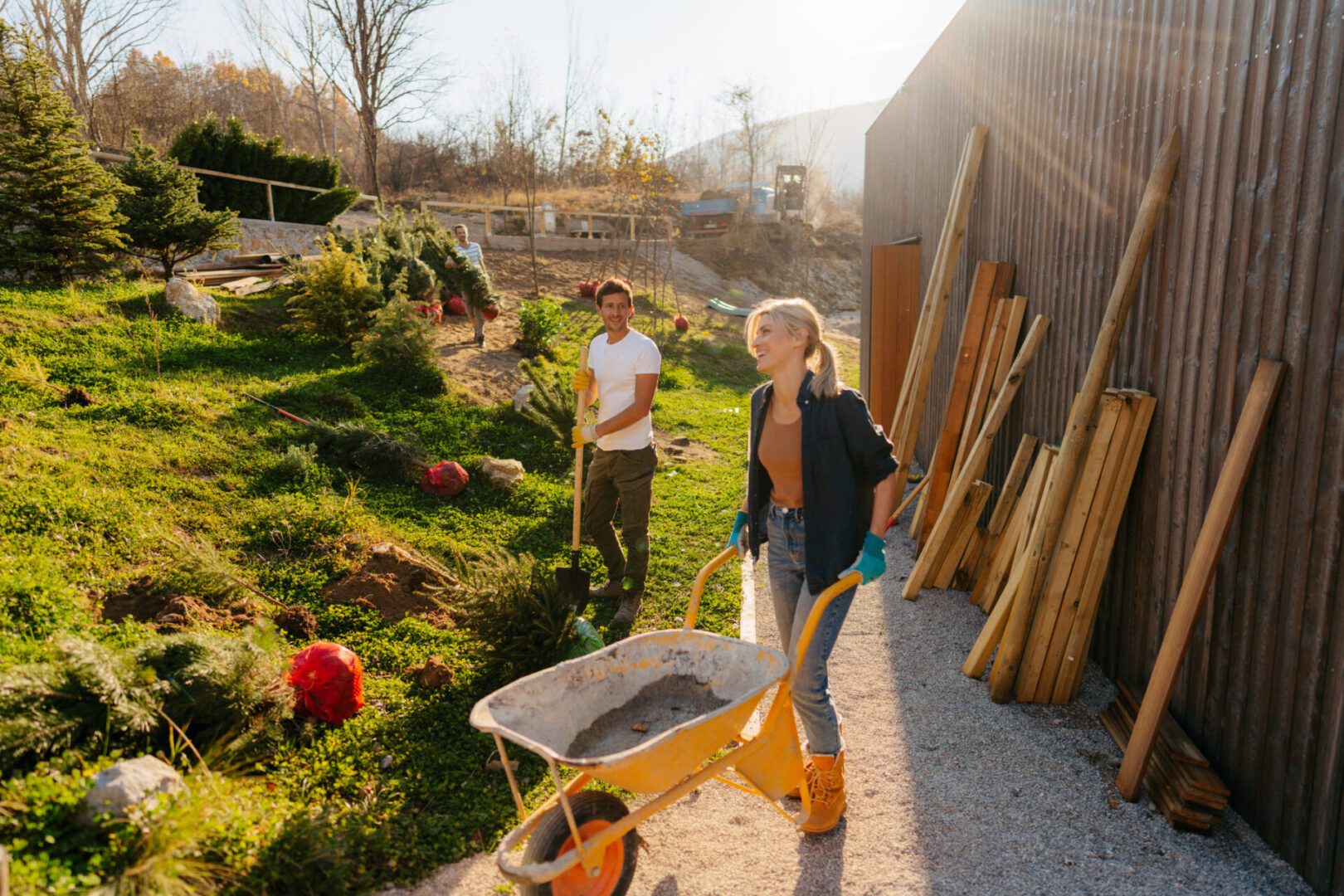 Outdoor landscaping with wooden planks