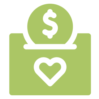 Green donation symbol with heart and coin.